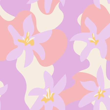 Seamless pattern with abstract colorful shapes and flowers. Low contrast retro vector background. retro blossom backdropのイラスト素材