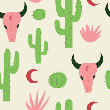Seamless pattern with bull skull skeleton, cactuses, moon and grass. Wild west, western vector background.のイラスト素材