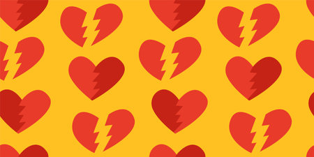 Seamless pattern with red hearts. Vector yellow background. broken hearts. Valentine's day. retro hippie styleのイラスト素材