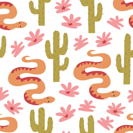 Seamless pattern with snakes, cactuses and flowers. vector western backgroundのイラスト素材