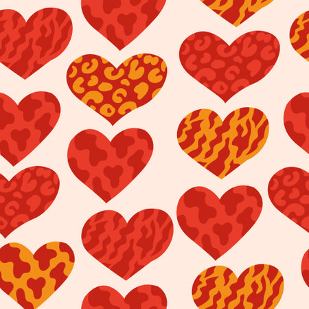 Seamless pattern with hearts and animal textures. Vector background in retro styleのイラスト素材