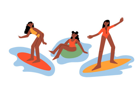 Cute black women surfing and relaxing in the sea. Girl in swimsuit on the surfboard. Woman sunbathe on rubber ring. Summer vector illustration. Diversity conceptのイラスト素材
