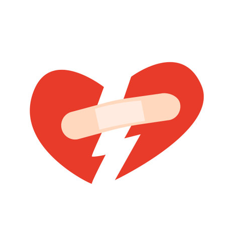 Red broken heart with patch. Vector flat illustration on isolated background. Valentine's dayのイラスト素材