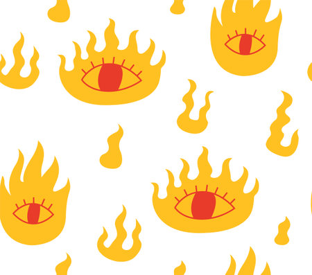 Cute boho seamless pattern with flames, fire and eyes. vector flat background styleのイラスト素材