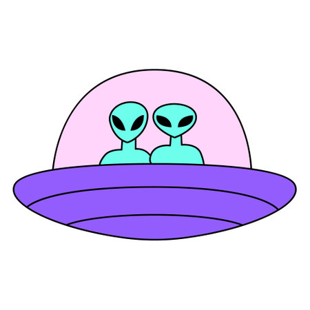 Alien ship with couple of cute aliens. Vector illustration on isolated backgroundのイラスト素材