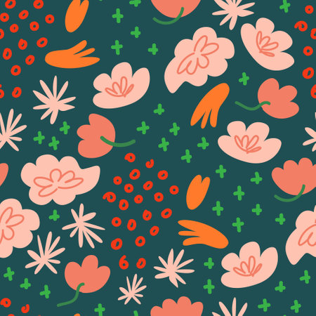 Cute seamless pattern with small various abstract flowers, dots and textures. vector tropical green backgroundのイラスト素材
