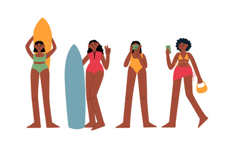 Illustration of group of black afro american beauty women. Diversity equality concept. Girls with surfboards, camera and phone. Cute vector summer illustration.のイラスト素材