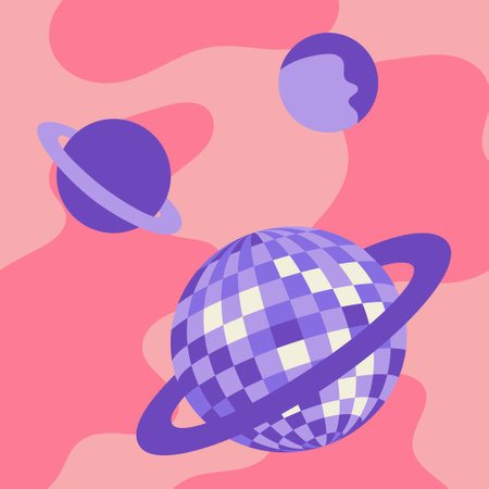 Psychedelic retro poster with purple planets and disco ball on wavy background with liquid shapes. vector illustrationのイラスト素材