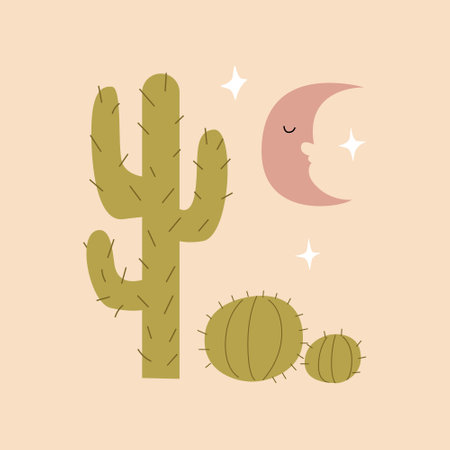 Western vector illustration with cactus, moon and stars on isolated background. Wild west, mystical, boho, magic, esoteric conceptのイラスト素材