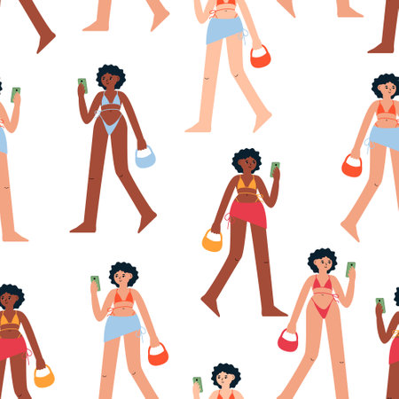 Seamless pattern with diverse, different ethnicity women in swimsuits and bikini. summer illustration. Vector background with girls walking on the beach.のイラスト素材