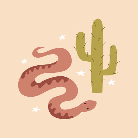Western vector illustration with snake, cactus and stars on isolated background. Wild west, mystical, boho, magic, esoteric conceptのイラスト素材