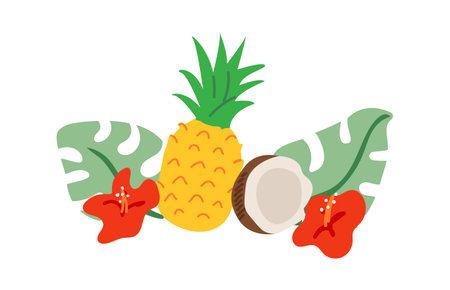 Vector illustration with exotic tropical fruits and flowers. Pineapple. coconut, hawaiian flower hibiscus and monstera leaves on isolated background.のイラスト素材