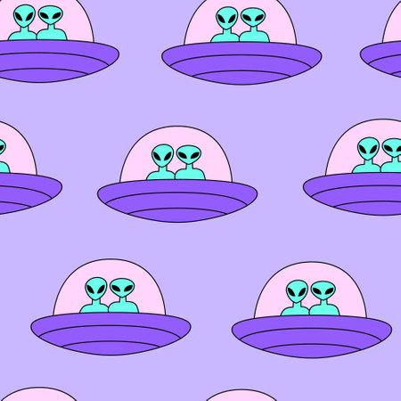 Seamless pattern with alien ship with cute aliens. Futuristic vector backgroundのイラスト素材