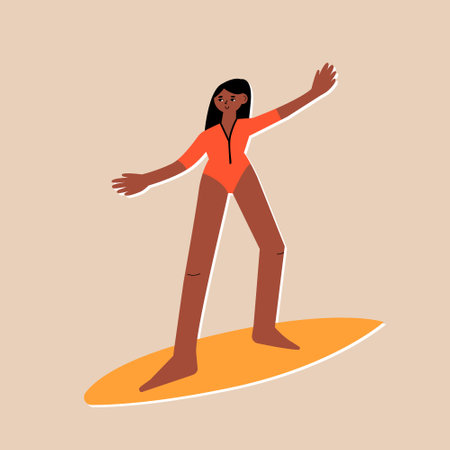 Cute woman surfing in the sea. Girl in swimsuit on the surfboard. Summer vector illustration on isolated background. Happy black afro american woman. Diversity equality concept.のイラスト素材