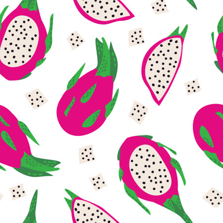Seamless pattern with exotic dragon fruits and slices. Tropical pitayas. vector background.のイラスト素材