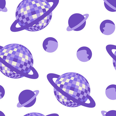 Vector flat seamless pattern with purple saturn disco balls and planets. Party, celebration psychedelic concept.のイラスト素材