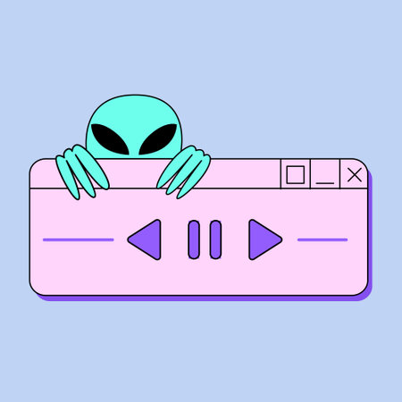 Retro y2k digital screen user interface ui and alien. vector illustration. Old computer window in retrowave 90s, 00s style. Music audio player interfaceのイラスト素材