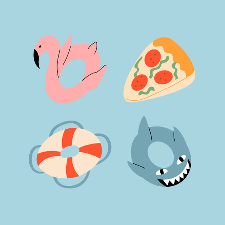Set of cute rubber rings and toys for pool and sea. beach accessory. Flamingo, shark, lifebuoy, pizza. Vector flat illustration on isolated backgroundのイラスト素材