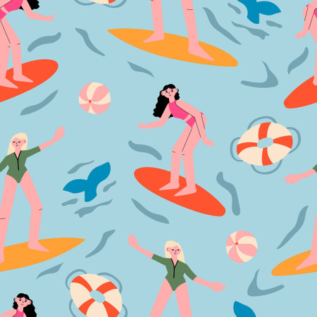 Surfing woman in the sea. Surfer standing on surf board. Summer seamless pattern with females. whail tail, ball and lifebuoy. Flat people vector backgroundのイラスト素材