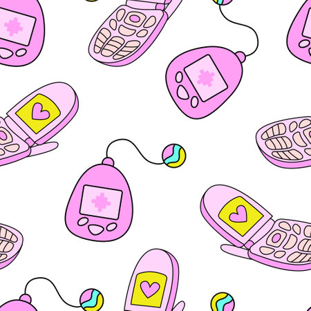 Seamless pattern with cute device and flip phone in retrowave aesthetic. Vector nostalgic background in y2k, 00s, 90s conceptのイラスト素材