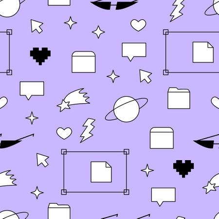 Seamless pattern with old computer elements: stars, bubble, folder icons, saturn planet, sunglasses, pixel heart and computer arrow symbol. Vector background in retrowave, y2k, 90sのイラスト素材