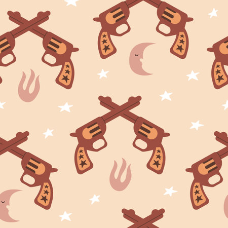 Western seamless pattern with cowboy guns, moon and stars. Vector mystical, boho backgroundのイラスト素材