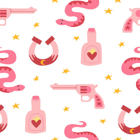 Western seamless pattern with snakes, rum bottle, gun, horseshoe and stars. Cute vector background in wild west style.のイラスト素材
