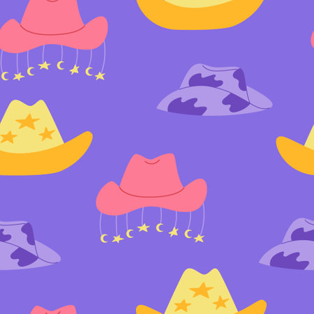 Seamless pattern with various and colorful cowboy hats. Vector backround in western, disco party concept. Cow girl accessoriesのイラスト素材