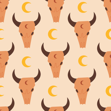 Seamless pattern with bull skull and crescent moon. Vector flat background in wild west, western concept.のイラスト素材