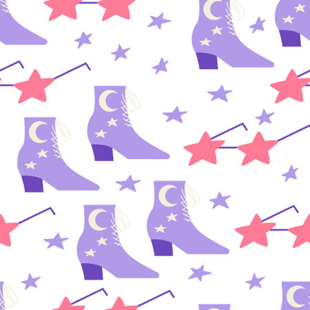 Seamless pattern with cowgirl disco accessories. Cowboy boots and star shape sunglasses. vector flat backgroundのイラスト素材