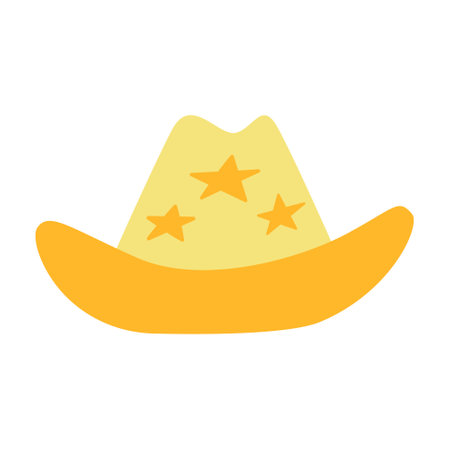 Yellow cowboy hat with stars. Hand drawn vector flat illustration on isolated background. Cowgirl accessory in disco party conceptのイラスト素材