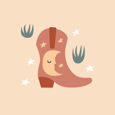 Western vector illustration with cowboy boot, grass and stars on isolated background. Wild west, mystical, boho, magic, esoteric conceptのイラスト素材
