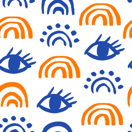 Bohemian seamless pattern with hand drawn elements of rainbows and eyes. Vector background tribal print.のイラスト素材