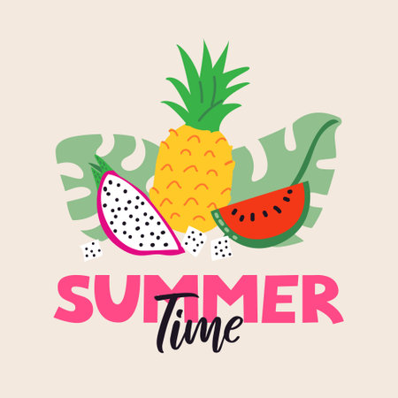 Vector illustration with exotic tropical fruits. Pineapple. watermelon, dragon fruit and monstera leaves on isolated background. Lettering quote summer timeのイラスト素材