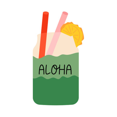 Summer green drink cocktail with pineapple and straws. Colorful flat vector illustration on isolated backgroundのイラスト素材