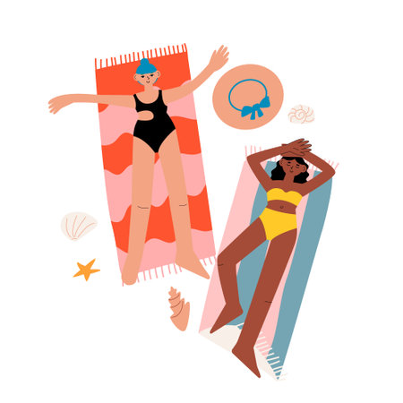 Vector illustration of diverse women in swimwear relaxing and sunbathing on the beach towels. Top view summer illustration. Diversity equality concept.のイラスト素材