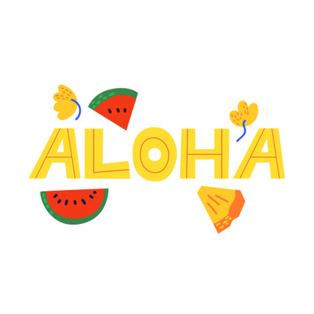 Aloha lettering with exotic fruits watermelon and pineapple. Vector cute illustration on isolated background.のイラスト素材