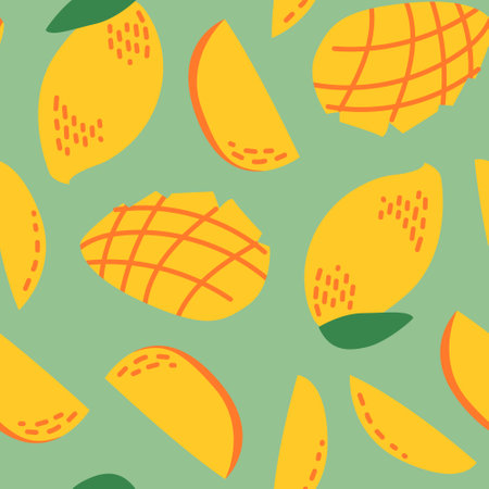 Seamless pattern with tropical mango fruits and slices. Vector green background. Colorful trendy exotic printのイラスト素材