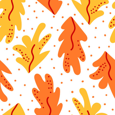 Seamless pattern with abstract autumn leaves and dots. Cute flat vector backgroundのイラスト素材