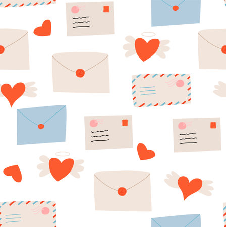 Seamless pattern with envelopes, mail, postmarks, postcards and hearts. Valentine's day vector backgroundのイラスト素材
