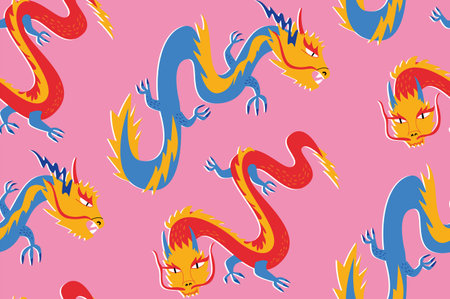 Pink seamless pattern with asian dragons. Japanese, Chinese style. Vector background for textile, fashion, wrapping paperのイラスト素材