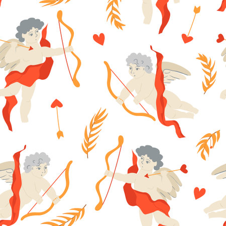 Renaissance cupids with arrows, hearts and olive branches. Seamless pattern with angels. vector background. Valentine's dayのイラスト素材