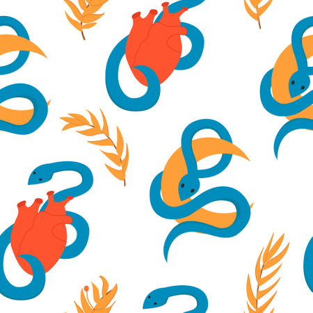Bohemian seamless pattern with snakes, anatomical hearts, crescents and olive branches. Antique, mystic vector background.のイラスト素材