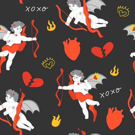 Seamless pattern with cupids, broken hearts and devil elements. Dark valentine's day. halloween backgroundのイラスト素材