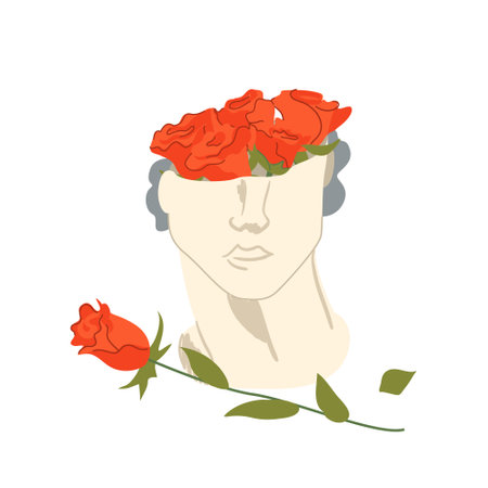 Antique sculpture of human head and red roses. Valentine's day vector illustration. Ancient greek, mystic, bohemian style.のイラスト素材