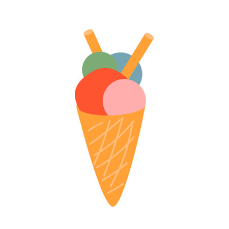 Cute waffle cone with different colorful balls of ice cream and tubes. Vector flat illustration on isolated backgroundのイラスト素材