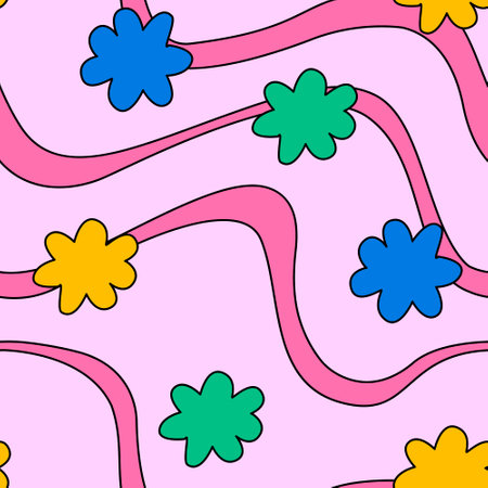 Cute seamless psychedelic pattern with wavy lines and groovy retro flowers. Kid core aesthetic.のイラスト素材