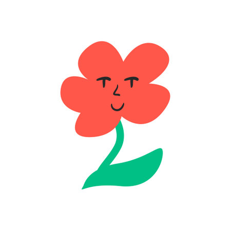 Red flower with funny face and green leave. Vector illustration on isolated background. hippie style.のイラスト素材