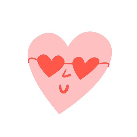 Pink heart with heart glasses. Cute funny faces. Vector illustration on isolated backgroundのイラスト素材