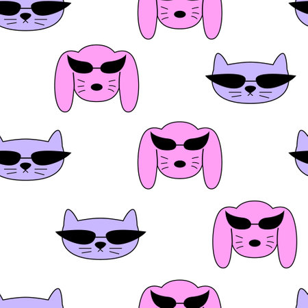 Seamless pattern with cute cats and dogs with futuristic sunglasses. Vector background with weird animals.のイラスト素材
